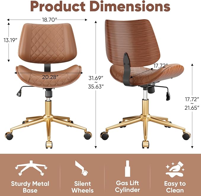 Home Office Desk Chair with Swivel Wheels, Mid-Century Modern PU Leather Armless Office Chair, Small Mid Back Computer Chair for Home Office, Meeting Room