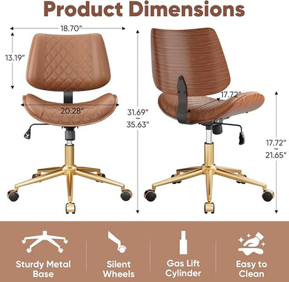Home Office Desk Chair with Swivel Wheels, Mid-Century Modern PU Leather Armless Office Chair, Small Mid Back Computer Chair for Home Office, Meeting Room