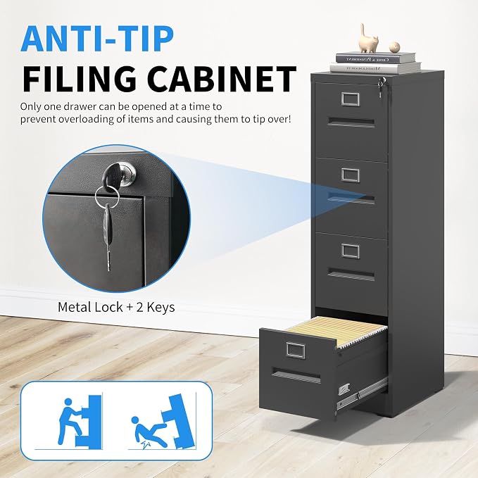 4 Drawer File Cabinet with Lock, Metal Vertical Filing Cabinet for Home Office, Office Furniture for Organization Hanging Files for A4/ Legal/Letter, Heavy Duty Storage Cabinet,Require Assembly-Black