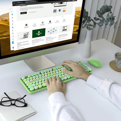 Dilter Wireless Keyboard and Mouse Combo, 104 Keys Full-Sized 2.4 GHz Round Keycap Colorful Keyboards, USB Receiver Plug and Play, for Windows, PC, Laptop, Desktop (Green Colorful)