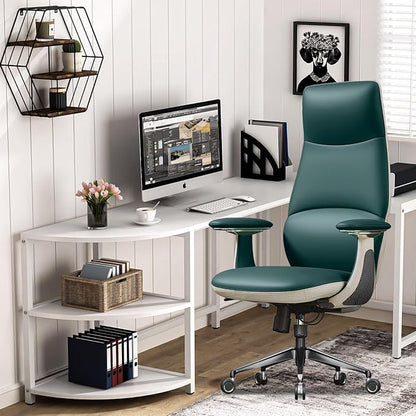 Ergonomic Genuine Leather Office Chair, Executive Chair with Tilt Adjustable High Back and Lumbar Support, 400lbs Weight Capacity Metal Base with 360° Flexible Wheels, Green