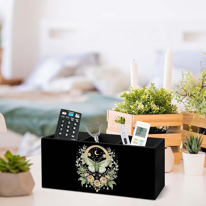 Boho Luna Moth Floral Pen Holder for Desk, Dark Cottagecore Celestial Pencil Organizer, Mystical Botanical Floral Moth Insect Wooden Pen Holder Desk Accessories Decor for Home Office