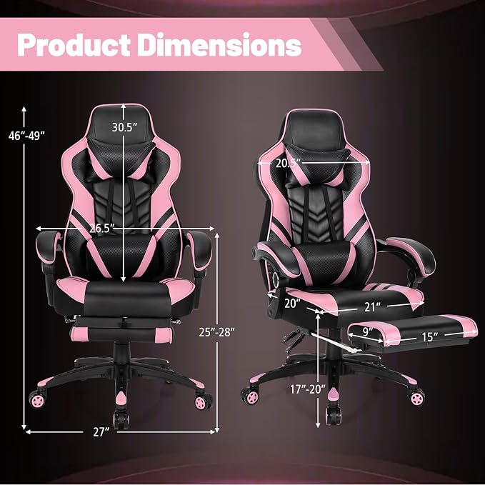 Goplus Gaming Chair, Computer Chair with Footrest and Lumbar Support, Height Adjustable Executive Swivel Rolling Task Chair with 90°-155° Tilt Function (Pink)