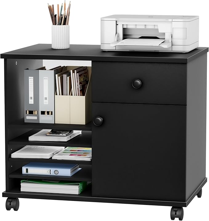 Quikraen Wooden Rolling File Cabinet Black | Mobile Lateral Office Filing Cabinets with Doors Under Desk Cabinet for Office Supplies