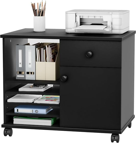 Quikraen Wooden Rolling File Cabinet Black | Mobile Lateral Office Filing Cabinets with Doors Under Desk Cabinet for Office Supplies