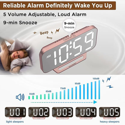 Peakeep Slim Digital Mirror Aesthetic Alarm Clock for Bedroom Living Decor, Plug in Electric Clock Big LED Modern Small Table Clock for Office Desk, Battery Backup, 6 Dimmers (Rose Gold)