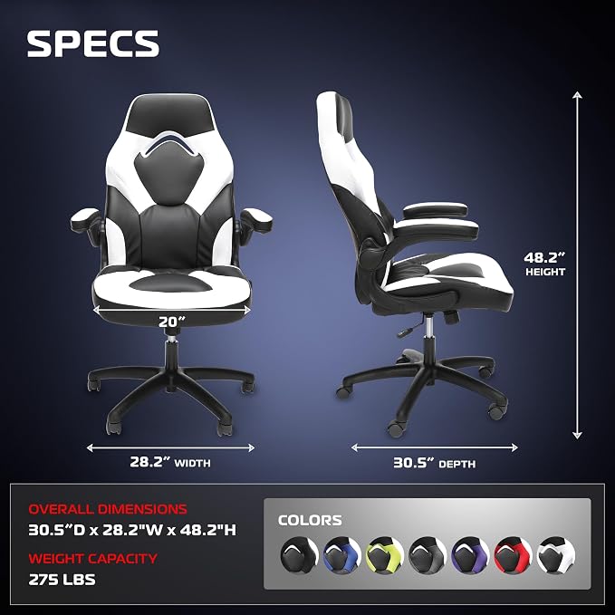 RESPAWN 3085 Ergonomic Gaming Chair for Adults, High Back Office Chair with Headrest and Flip Up Arms, Leather Racing Style Gaming Seat with Lumbar Support, Video Game Computer Desk Seat - White