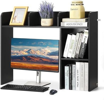 VEVOR Wood Desk Shelf, Desktop Bookshelf, Desk Storage Hutch with 6 Shelves, Office Countertop Organizer 3-Tier Display Rack, with Anti-Slip Feet Pads, for Office, Home & Dorm, Black