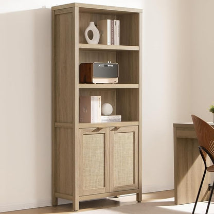 SICOTAS Bookcase 71" Tall Bookshelf 5 Tier Rattan Boho Bookcase with Doors Storage Large Book Case Shelf Farmhouse Bookshelves Library Book Shelves for Living Room Bedroom Home Office Kitchen