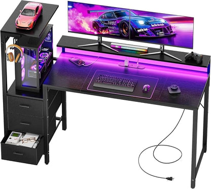 HLDIRECT 60 inch Gaming Desk with 3 Fabric Drawers & Side Hooks-Reversible Home Office Computer Desk with Power Outlets & Led Lights, Gamer Desk Table with Monitor Stand, Black