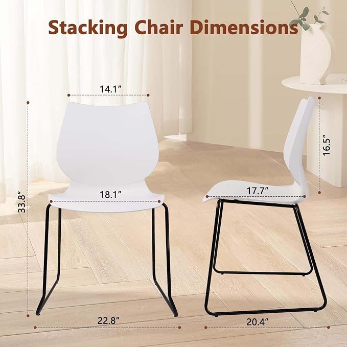 KLASIKA Stackable Waiting Room Chair, Stacking Office Chair with Ergonomic Lumbar Support and Metal Legs, Plastic Desk Chairs for Conference School Church Guest Reception Set of 12, White