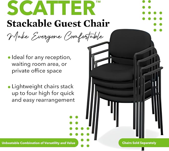 HON Scatter Leather Guest Office Chair with Arms, Stackable Seating for Waiting Rooms, Lobbies, Conference Areas, and Offices, Side Chair for Reception and Training Spaces, Black