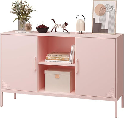 Steehoom Metal TV Stand with Doors and Shelves Modern Metal Storage Cabinet Coffee Bar 2 Door Locker for Office Living Room Kitchen (Pink, 47.24" D x 13.78" W x 29.53" H)