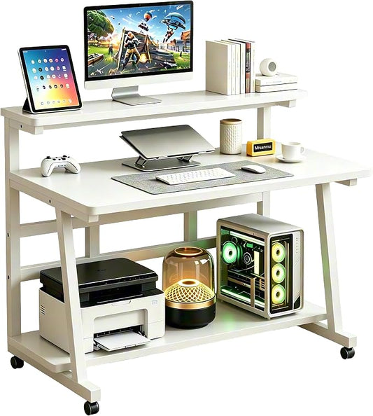 Rolling Computer Desk, 31.5 Inch Small Desks For Small Space, Portable Small Computer Desk with Monitor Stand & 3-Tier Storage, Portable Desk on Wheels for Writing, Home Office, Small Desk for Bedroom