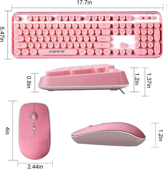 Wireless Keyboard and Mouse Combo - Cute Colorful Keyboard and Mouse, Retro Typewriter Keyboard with 2.4GHz Plug & Play, for Windows 11/10/7, Laptop, PC (Pink)