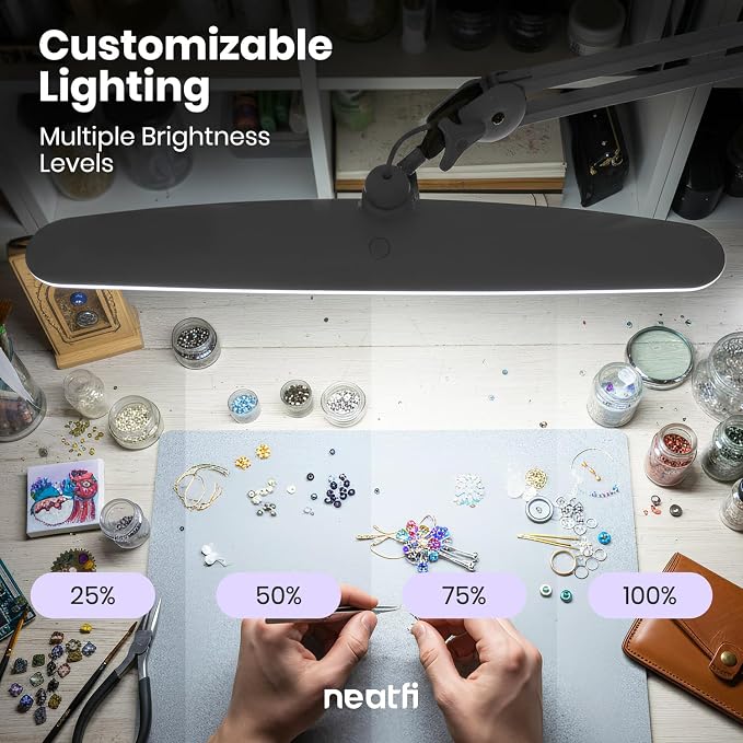 Neatfi XL 24W LED Desk Lamp – 2,200 Lumens | 23” Wide Shade | Dimmable Eye-Caring Task Light | Adjustable Arm | Office, Study, Crafting & Nail Techs (Silver, Non-CCT with Base)