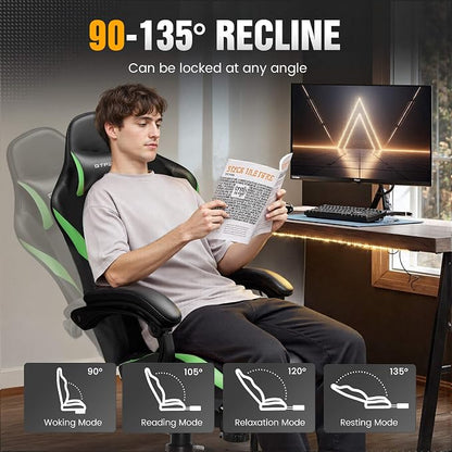 GTPLAYER Gaming Chair with Pocket Spring Cushion, Leather Office Chair with Ergonomic High Back & Lumbar Support for Back Pain Relief, Computer Game Chair for Adults, Grass Green