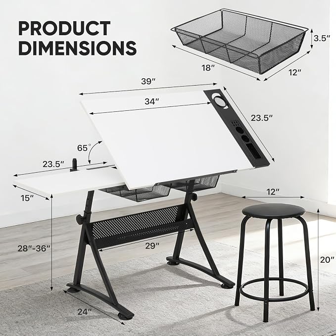 Magshion Professional Drafting Table for Adults w/Stool, Tilting Wooden Tabletop & Adjustable Height, Art Craft Desk Watercolor Paintings Sketching Work Station for Studio Home Office School (White)