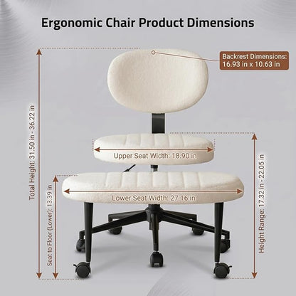 Cross Legged Office Chair with Wheels, 360 Swivel Height-Adjustable Meditation Chair with Lumbar Support, White