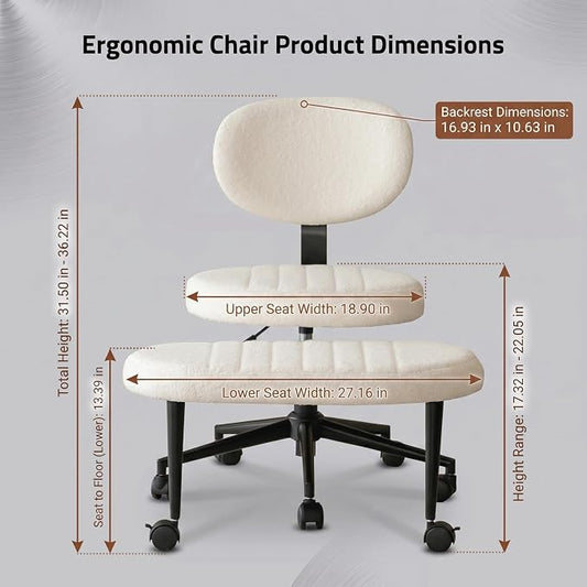 Cross Legged Office Chair with Wheels, 360 Swivel Height-Adjustable Meditation Chair with Lumbar Support, White