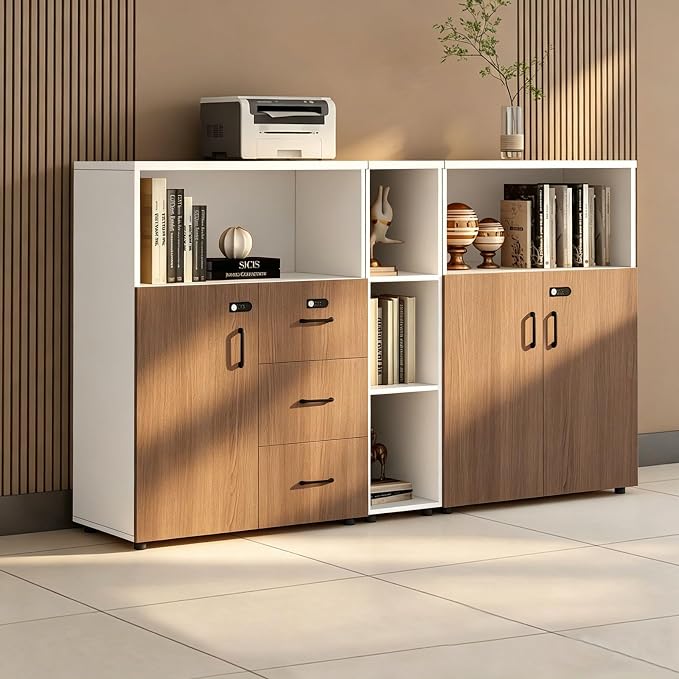 File Cabinet with Password Lock, Wood Lateral Filing Cabinet for Letter/A4 Files, 3 Drawer with Door, Printer Stand with Open Shelves for Home Office