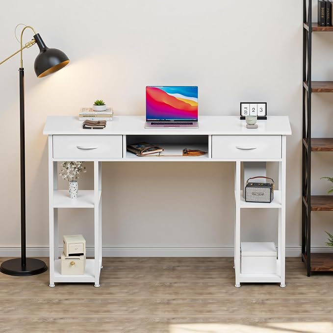 OLIXIS Desk with Storage Fabric Drawers-48 Inch Home Office Computer Desk for Small Space Bedroom,Modern Study Work Gaming Writing Table PC Desks, White