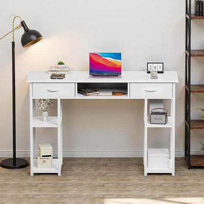 OLIXIS Desk with Storage Fabric Drawers-48 Inch Home Office Computer Desk for Small Space Bedroom,Modern Study Work Gaming Writing Table PC Desks, White