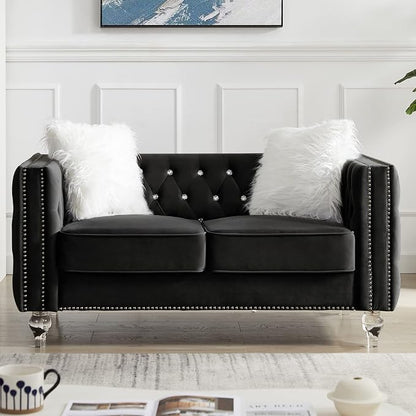 mikibama Velvet Loveseat with Buttons and Square Arms 59 Inch Tufted Sofa with Trimmed Nailhead and Acrylic Legs Loveseat Couch for Living Room, Bedroom (Black-Crystal Legs, Loveseat)