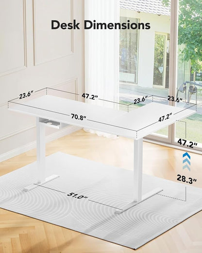 HUANUO Dual Motor 71x48 inch L Shaped Electric Standing Desk with 3 Preset Heights, Electric Height Adjustable Computer Table, 2 Hooks & Cable Tray, Raising Desk for Home Office, White