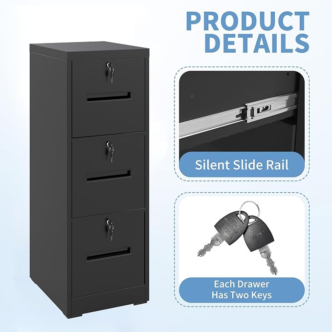 3 Drawer File Cabinet with 3 Locks, Metal Filing Cabinet Heavy Duty Vertical File Cabinets for Home Office, Steel File Storage Cabinets for Letter/Legal File Folders, Assembly Required (Black)