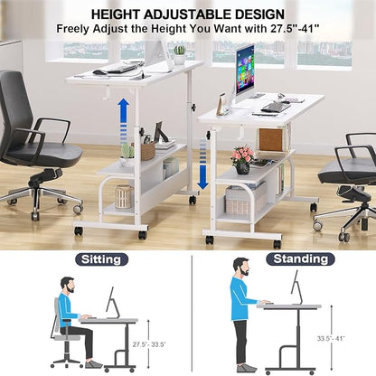 Armocity Rolling Standing Desk with Charging Station, Portable Height Adjustable Mobile Computer Desk with Wheels & 2-Tier Shelves & Hooks, Easy Assembly Laptop Table for Couch Bed, 47" White