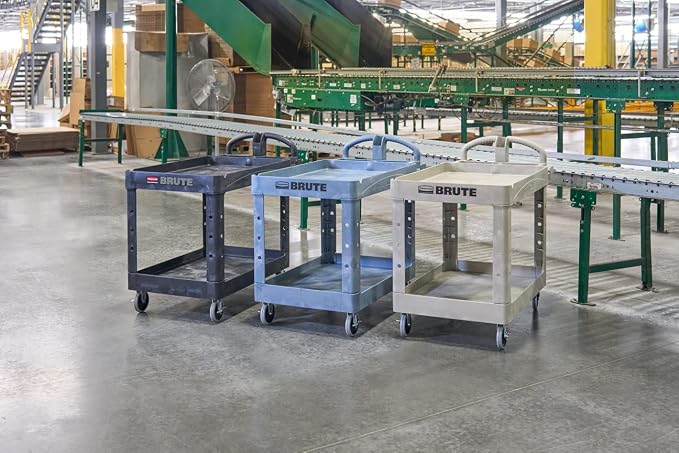 Rubbermaid Commercial Products BRUTE Heavy Duty 2-Shelf Utility/Service Cart, Medium, Lipped Shelves, Ergonomic Handle, 500 lbs. Capacity, Gray, for Warehouse/Garage/Cleaning/Maintenance/Stadiums