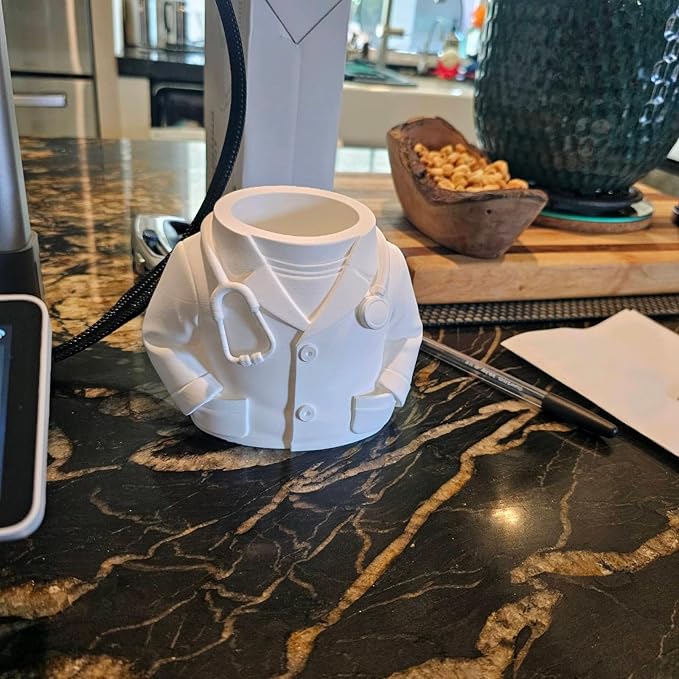 3D Printed Doctor Coat Pen Holder - Realistic Medical Desk Organizer with Stethoscope, White Doctor Sculpture Pen Cup for Office, Nurse, Medical Student Gift 5.9" x 3.5" x 4.3" (Male Doctor Style)