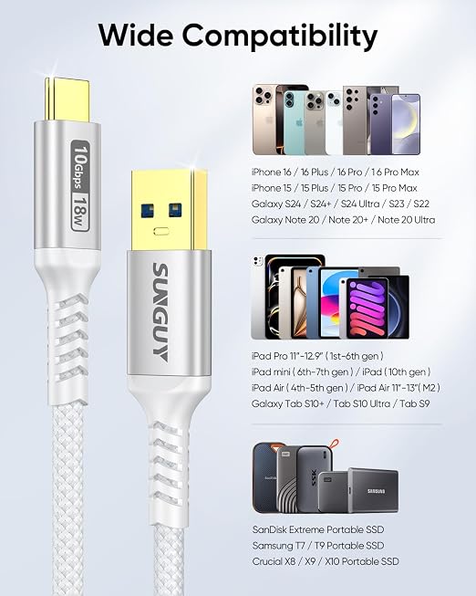 SUNGUY Android Auto USB C Cable, 5FT USB C 3.1 Gen 2 Braided 3A Fast Charging & 10Gbps Data Transfer Type C CarPlay Cable, for iPhone 17 16 15 Pro Max, Galaxy S24 S23, Pixel 7 6,SSD (White)