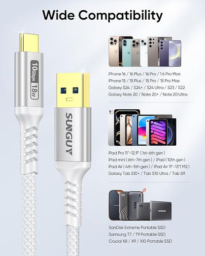 SUNGUY Android Auto USB C Cable, 5FT USB C 3.1 Gen 2 Braided 3A Fast Charging & 10Gbps Data Transfer Type C CarPlay Cable, for iPhone 17 16 15 Pro Max, Galaxy S24 S23, Pixel 7 6,SSD (White)