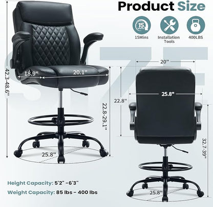MAHOMICO Drafting Chair for Standing Desk – Tall Office Chair with Adjustable Height & Foot Ring, Flip-Up Arms, Lumbar Support – Comfortable Leather Seat, Ideal Home Desk Chair