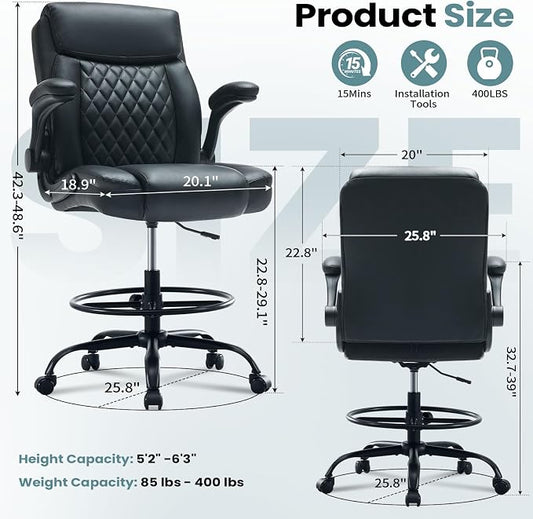 MAHOMICO Drafting Chair for Standing Desk – Tall Office Chair with Adjustable Height & Foot Ring, Flip-Up Arms, Lumbar Support – Comfortable Leather Seat, Ideal Home Desk Chair