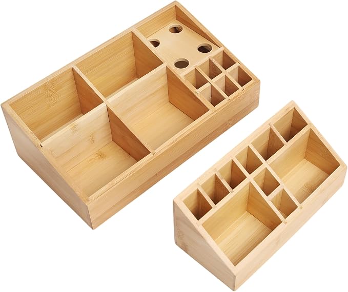 2 Pack Bamboo Art Supply Organizer, Pen Holder Multifunctional Organizer Office Accessory Storage, Desk Organizer for Colored Pencil, Crayon, Paint Brushes, Makeup Organizer