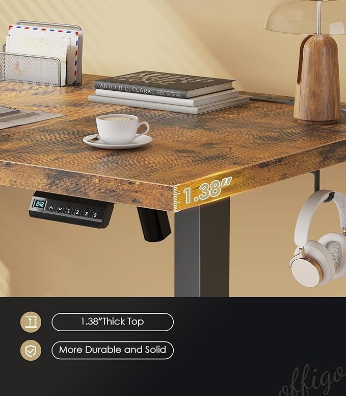 OffiGo 71 Inch Executive Electric Standing Desk, Height Adjustable Desk with Power Outlet & 1.38" Thick 3-Piece Desktop, Sit Stand Computer Desk for Home, Office, Conference Room, Rustic Brown
