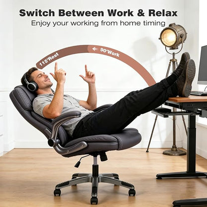 Executive Office Chair with Flip up Arms, Ergonomic PU Leather Office Chairs with Wheels, 90-120° Rocking High Back Office Desk Chair with Lumbar Support, Swivel Task Chairs(Grey)