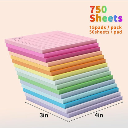 15 Pack Lined Sticky Notes, 3"x4", 750 Sheets, to Do List Notepad, Sticky Notes with Lines,15 Colors, Square Sticky Notes for Office, Meeting, School, Home