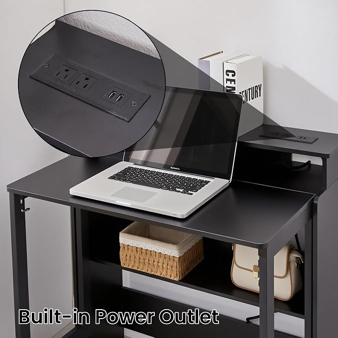 Folding Desk with Charging Station,Fold Out Desk with Monitor Stand,Storage Shelf,Small Foldable Computer Desk for Compact Home Office Spaces (Black)
