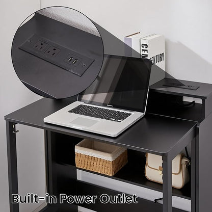 Folding Desk with Charging Station,Fold Out Desk with Monitor Stand,Storage Shelf,Small Foldable Computer Desk for Compact Home Office Spaces (Black)