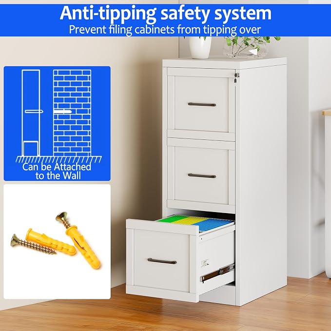 Small Metal 3-Drawer File Cabinet, Under-Desk Filing Cabinet, White | Locking, Adjustable Hanging Rail, Fit A4, FC, Letter, Hanging File Folders for Home Office Storage Organization, 1PS