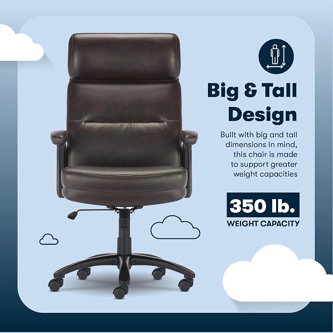 Serta Comfort Executive Big & Tall Office Chair, Ergonomic High-Back Computer DeskChair, Semi Plush Cushion Seat, Soft Padded Armrests, SertaQuality Foam, Metal Swivel Base, Bonded Leather, Brown