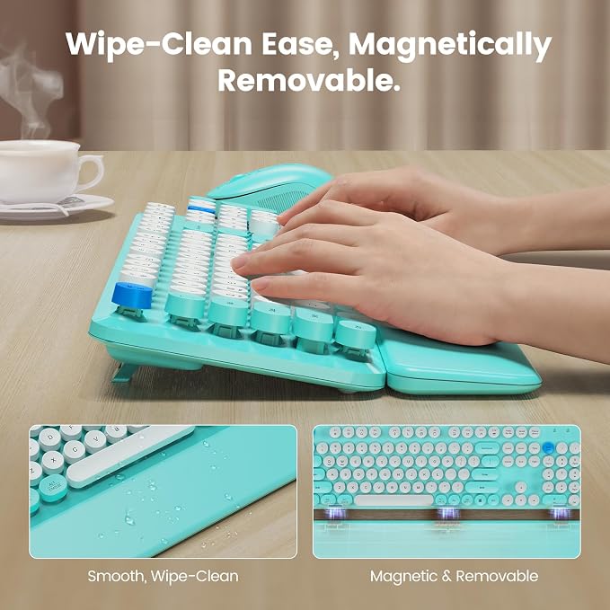 Wireless Keyboard and Mouse Combo with Magnetic Wrist Rest, Round Keycaps, Full-Size Retro Typewriter-Style Keyboard, Two-Stage Tilt Legs, Auto-Sleep, 2.4GHz Wireless for Windows PC Laptop, Aqua Blue