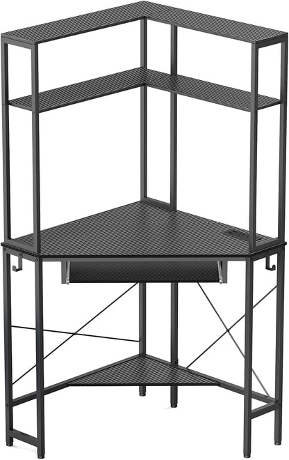 Corner Desk with Hutch and LED Lights, Corner Computer Desk with Keyboard Tray and Monitor Stand, Small Computer Desk for Small Spaces, Home Office（Carbon Black）