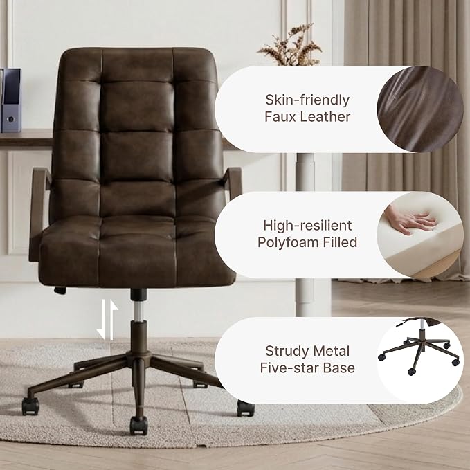 KISLOT Home Office Desk Chair, Ergonomic Office Chair with Square-Patterned Leather Upholstery, Adjustable Swivel Computer Chair with Wood Arms & Wheels, Soft-Rounded Front Edge, Espresso, Set of 2