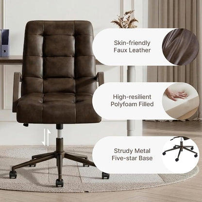 KISLOT Home Office Desk Chair, Ergonomic Office Chair with Square-Patterned Leather Upholstery, Adjustable Swivel Computer Chair with Wood Arms & Wheels, Soft-Rounded Front Edge, Espresso, Set of 2