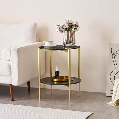 LumFurn Round Glass End Table, Mid-Century Modern Design Sofa Table for Living Room, D18 x H23 in, 2-Tier Structure, Grey Glass Top and Black Marble Shelf, Sleek Conical Legs with Gold Finish Frame